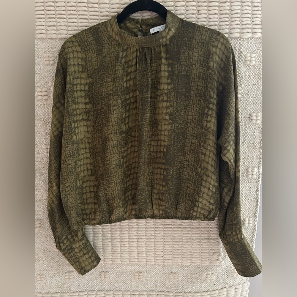Womens Olive Green Animal Print Long-Sleeve Top